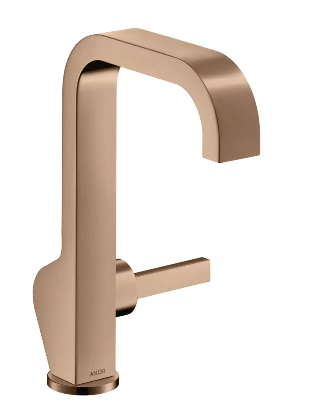 Einhebel-Waschtischmischer in Polished Red Gold von AXOR mit einem geraden Auslauf und einem seitlichen Hebel zum Regulieren des Wasserflusses.